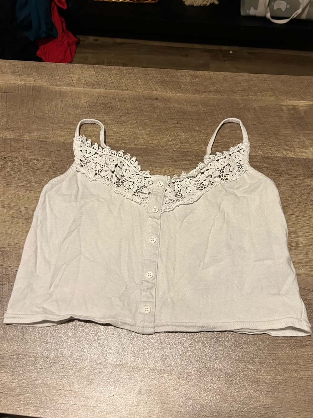 Crochet-Trim White Button-Front Camisole Crop Top — Size Medium